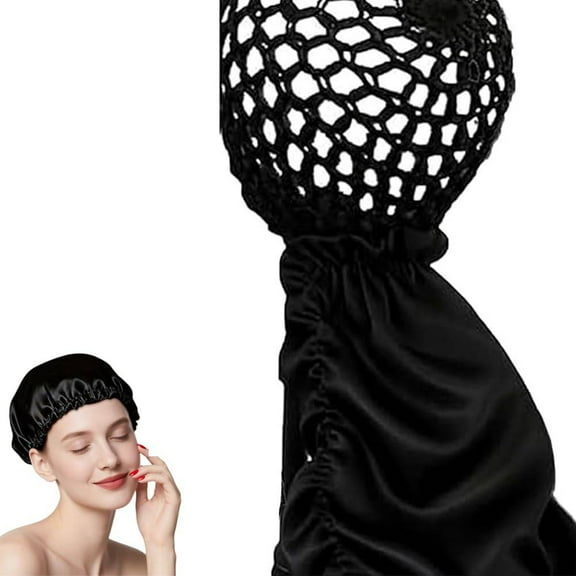 2 In1 Wrap Cap Bonnet Reversible,Adjustable Hair Wrap Nettie Band,Extra Long Hair Silk Press Set Braid Bonnet for Curly(Black)