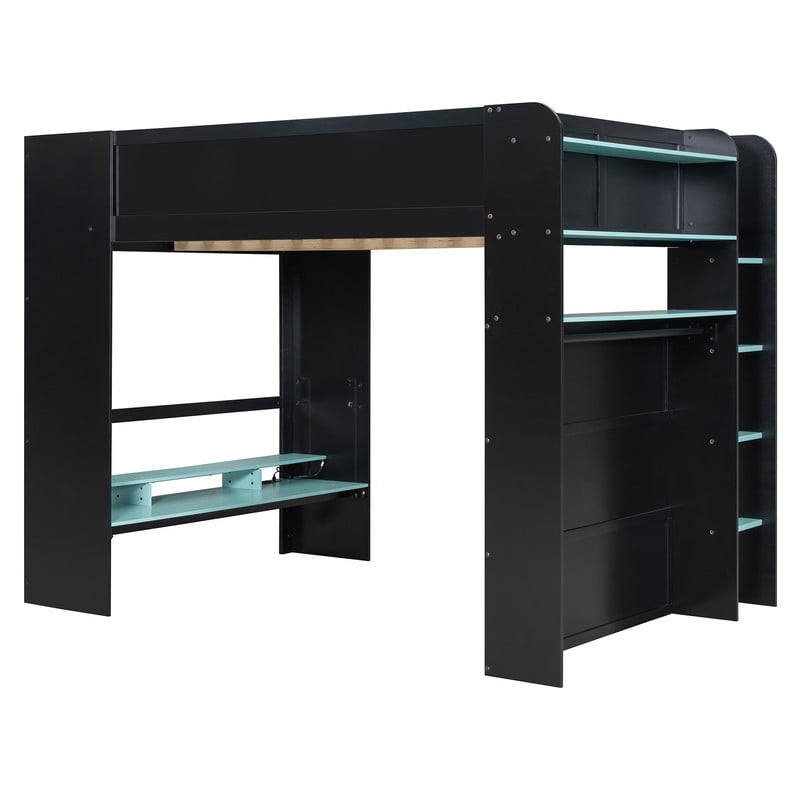 Full Size Wood Loft Bed with Desk, Wardrobe and Storage, Height Adjustable Gaming Loft Bed with USB Charging Port, RGB LED Light Strip, PC Tower Space and Shelves for Bedroom