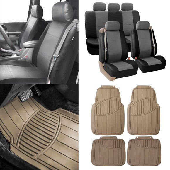 FH Group PU Leather Integrated Seatbelt Seat Covers, Full Set with Beige 4pcs Floor Mats, Black Gray