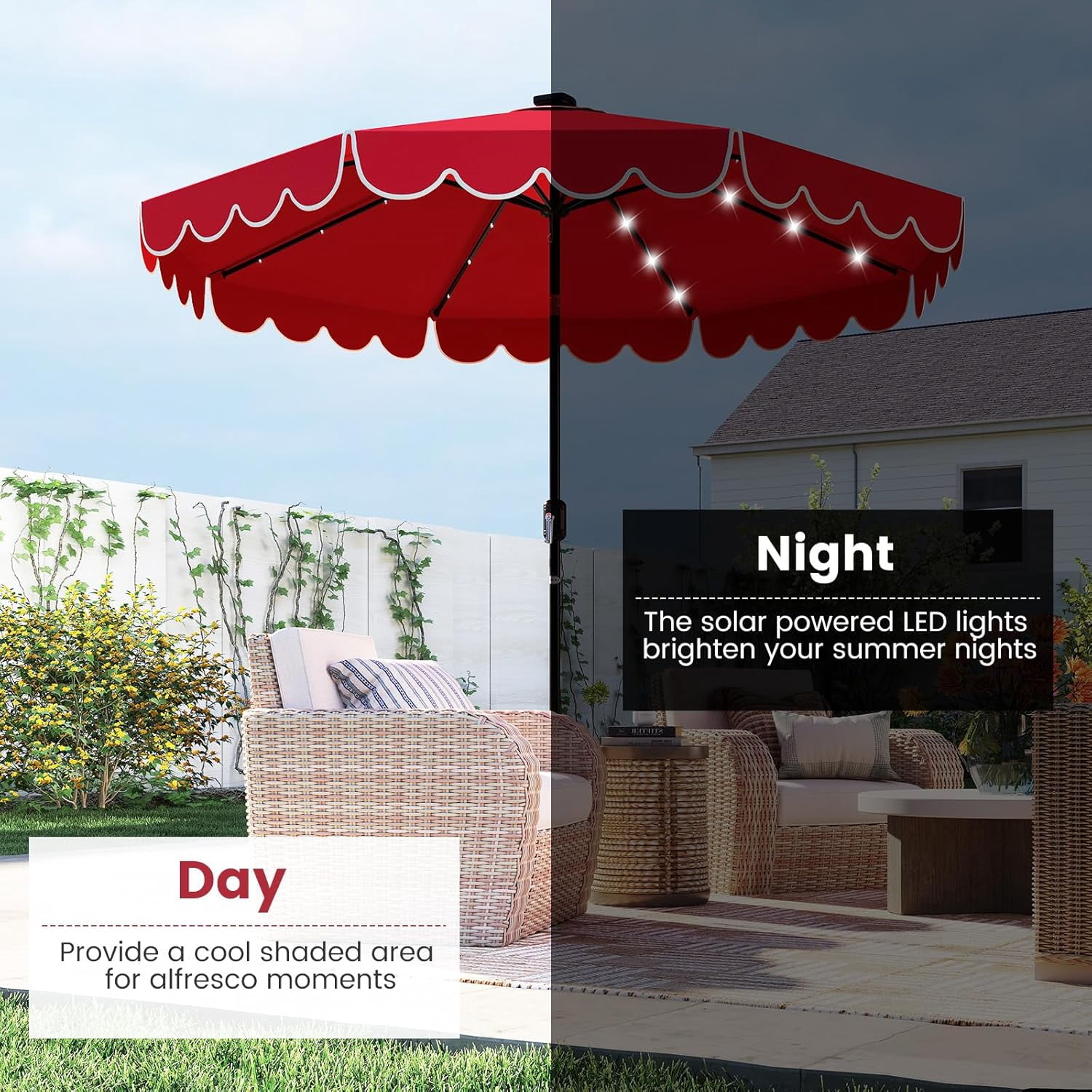 ZYPPP  9 FT Solar Patio Umbrella, 2-Tiers Scalloped Outdoor Table Market Umbrella with 32 LED Lights, Vented Top, Tilt Adjustment, Crank, 8 Ribs for Backyard Poolside Deck Beach Lawn (Red)