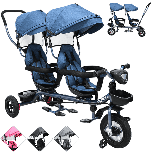 Triciclo Doble para Niños Asiento Giratorio Gemelar Luz Sonido Cinturón de Seguridad Llantas de Goma Apto a partir de 1 Año - Azul