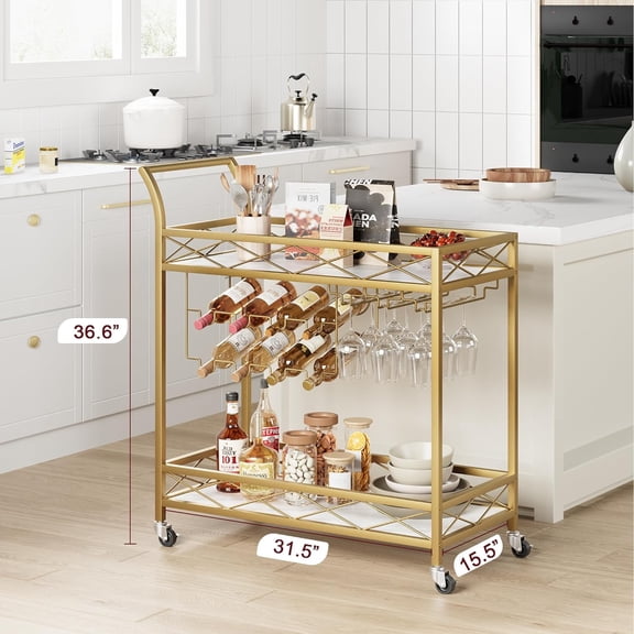 Gold Bar Cart, 2 Tier Bar Carts for The Home, Bar Carts with 4 Wheels, White Marble Finish Wood Shelf, Wine Rack & Glass Holder for Kitchen, Living Room, Dining Room