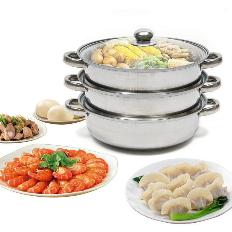 MIDUO 3-tier 28cm Stainless Steel Kitchen Steamer Cooker Pot Set + Glass  Lid 