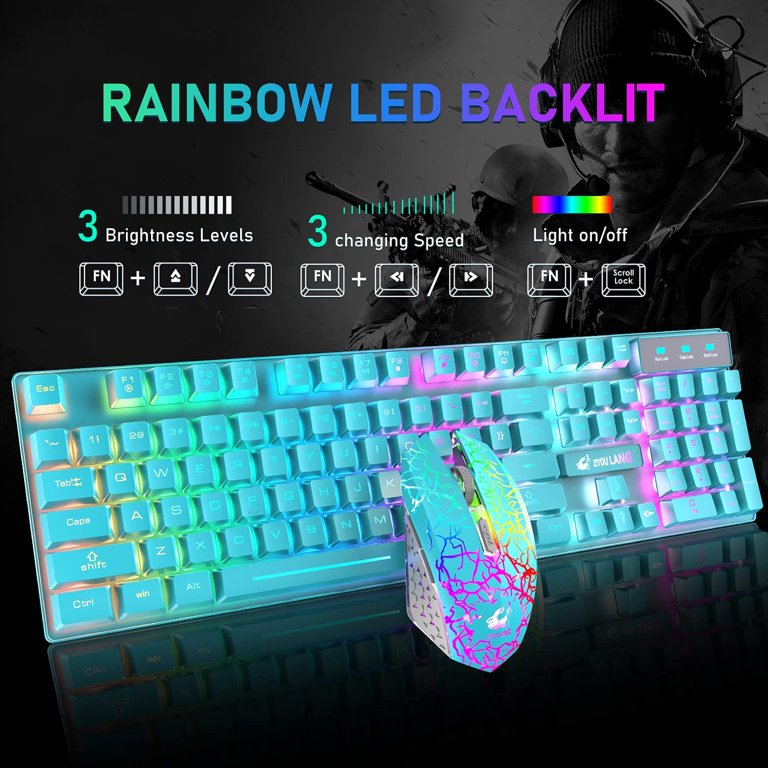 US Wireless Rainbow Backlit Gaming Keyboard Mouse Set 4000mAh Battery For  PC PS4