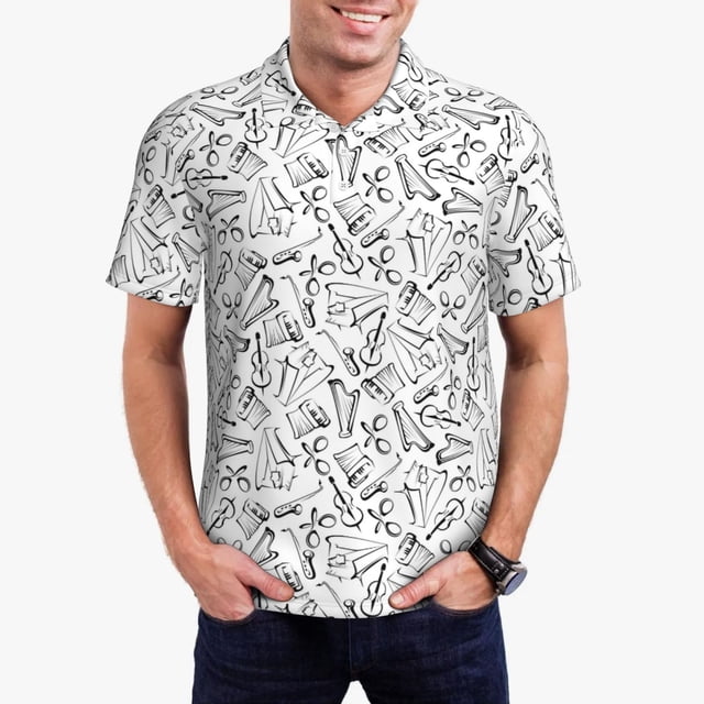 Balery Black White Music Camisa Polo de Hombre con Estampado, de Manga Corta y Tejido Medio, Camisa Tipo Golf Polo-Medium