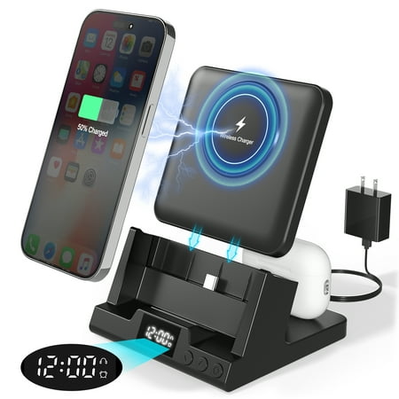 Wireless Charging Station, 4 in 1 Wireless Charger with Alarm Clock, 15w Fast Charging Stand for iPhone 14/13/12/11/Pro/Max/XR/XS/X/8 Plus/Samsung Phone, Charging Dock for AirPods Pro/3/2/1