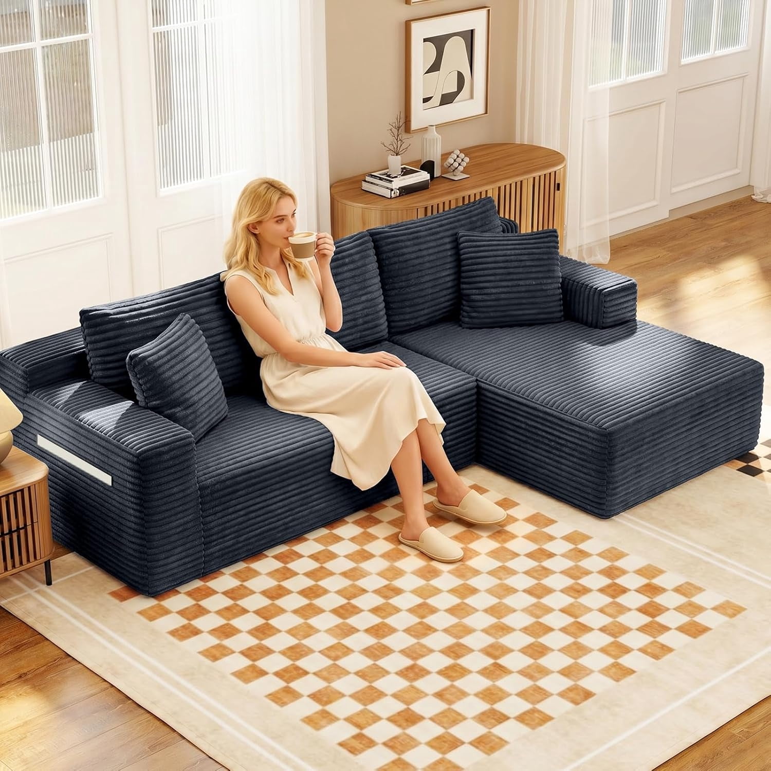 MOONMISS L-Shaped Cloud Sectional Couch with Chaise,Modern Corduroy Upholstered Modular Boneless Sofa,No Assembly for Living Room Apartment(Gray,Right)