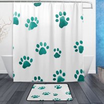 Bath Curtain & Non-Slip Bath Mat Set 12-Grommet Shower Curtain Memory Foam Bath Rug Teal Dog Paw Prints