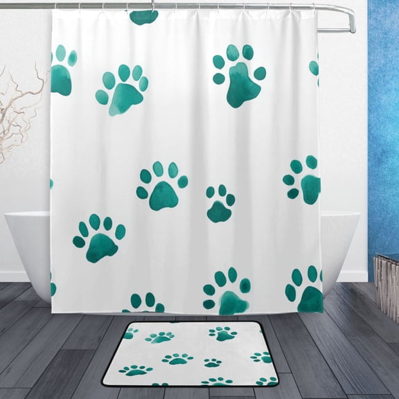 Bath Curtain & Non-Slip Bath Mat Set 12-Grommet Shower Curtain Memory Foam Bath Rug Teal Dog Paw Prints