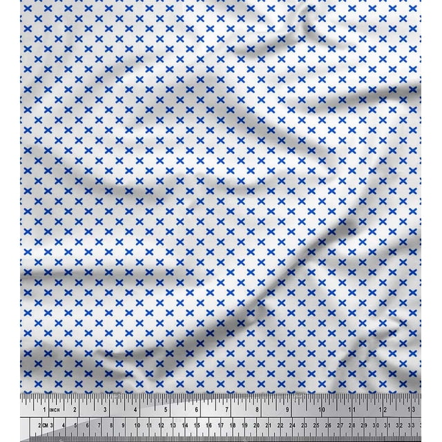 Soimoi Blue Poly Georgette Fabric Cross & Geometric Printed Fabric 1 Yard 42 Inch Wide