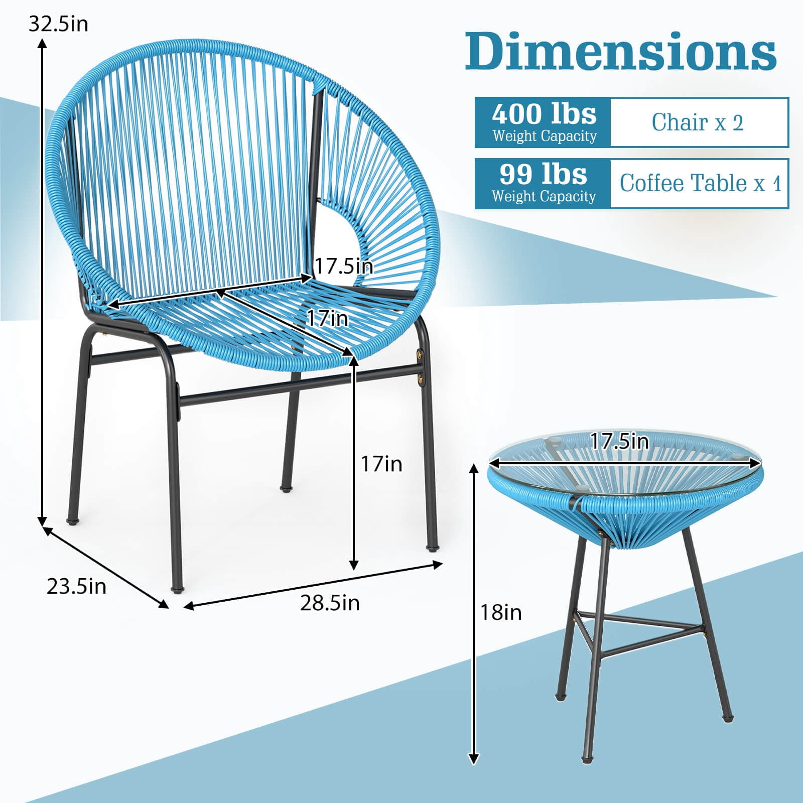 Costway 3PCS Patio Acapulco Furniture Bistro Set Plastic Rope Glass Table Turquoise