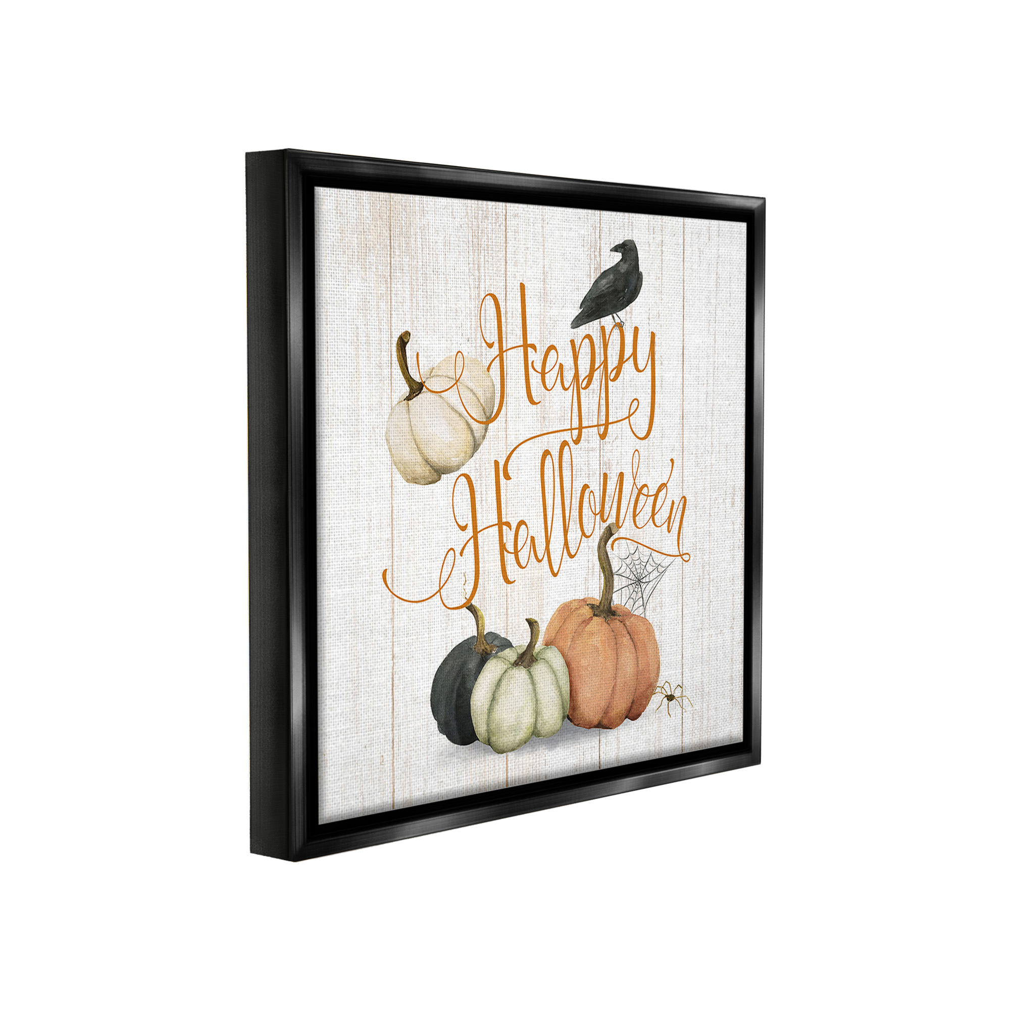 Stupell Industries Rustic Happy Halloween Holiday Painting Black Floater Framed Canvas Art Print Wall Art, 18 x 18