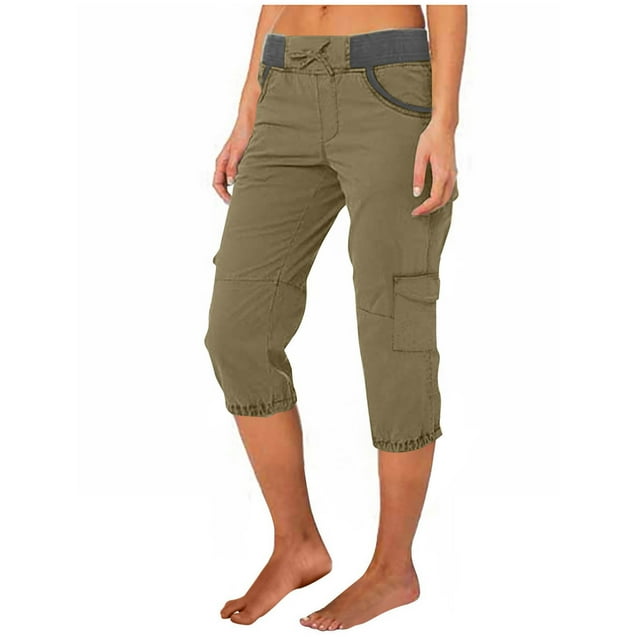 Mgmyaa Pantalons Cargo Décontractés pour Femmes, Couleur Unie, Taille Mi-Haute, Pantalons Raccourcis avec Poignets Rétractables