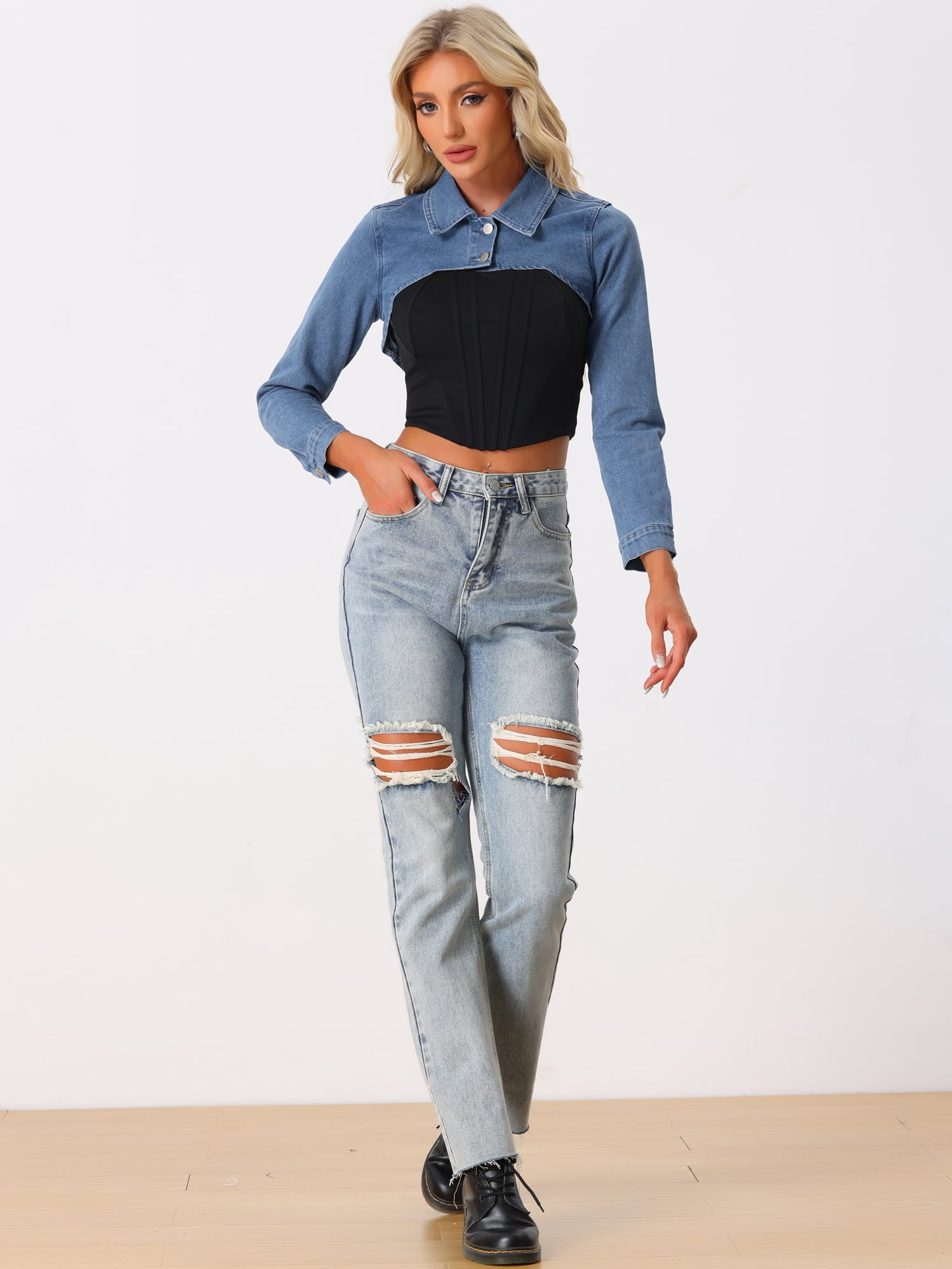 Unique Bargains Jean Crop Top for Women's 2 Button Long Sleeve Cropped Denim Jackets XL Blue