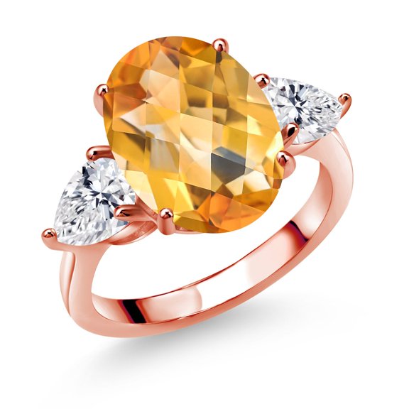 Gem Stone King 18K Rose Gold Plated Silver Yellow Citrine and Lab Grown Diamond Engagement Ring for Women | 6.77 Cttw | Oval Checkerboard 14X10MM | Gemstone November Birthstone | Size 6