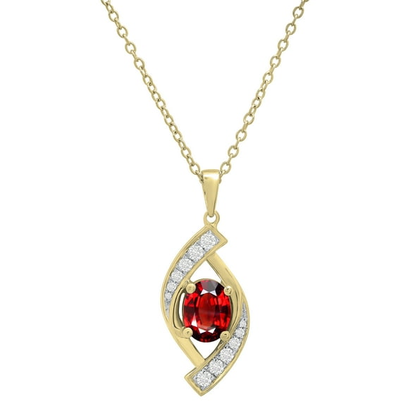 Dazzlingrock Collection 8X6mm Oval Garnet & Round White Diamond Flame Pendant for Women with 18 Inch Gold Chain (0.30 ctw, Color I-J, Clarity I2-I3) in 10K Yellow Gold