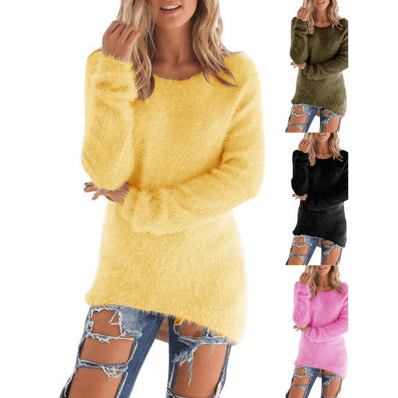 FEIIBMOYRIA Women Long Sleeve Tops Women's Fuzzy Fleece Solid Color Crew Neck Sweaters Loose Soft Comfy Warm Tunic Casual Daily Weekend Holiday Layer Pullovers