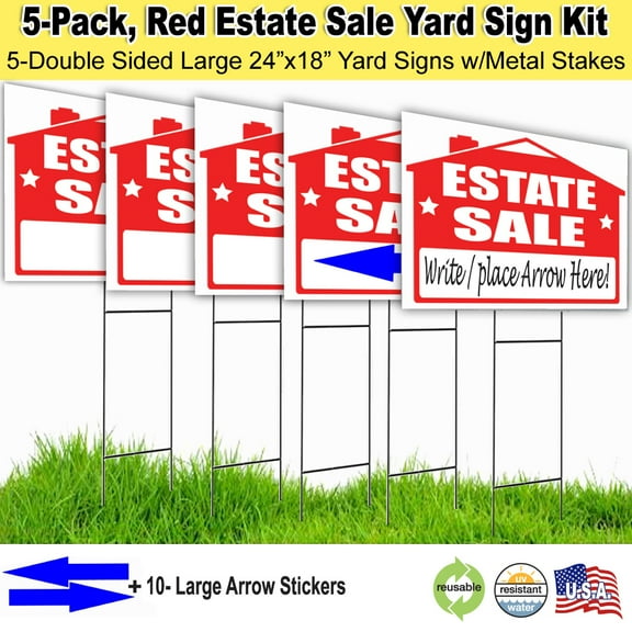 5 Pack Estate Sale Signs Kit with stakes, and arrow stickers