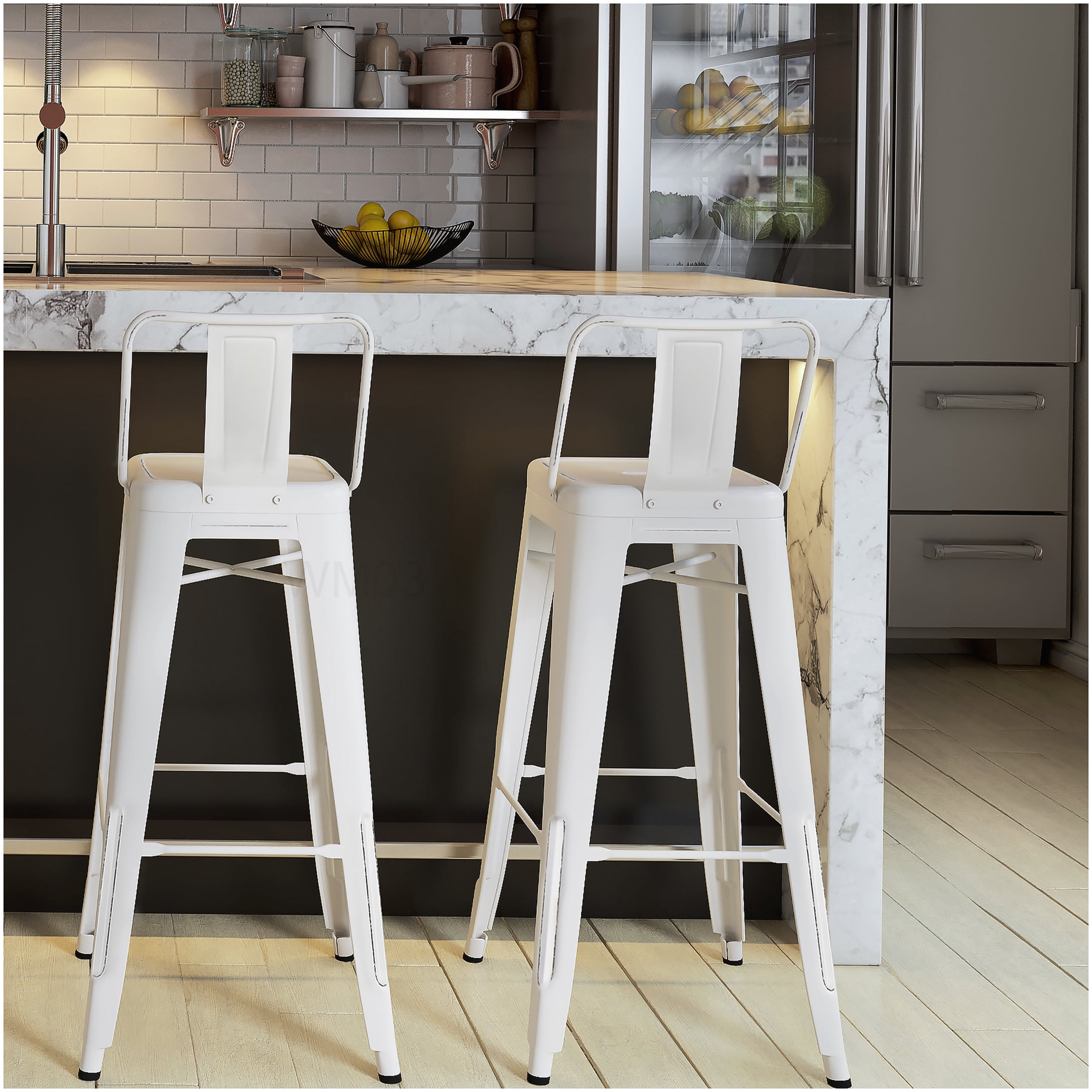 Set of 2 White Metal Kitchen Bar Stools with Backrest, Industrial Counter Height Stools