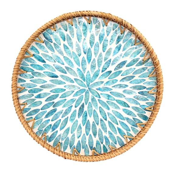 Handmade Rattan Shell Serving Tray, 11.8" Round Blue Leaf Wicker Decorative Tray, Boho Coffee Table Tray, Multi-Purpose Woven Basket Fruit Tray Decor Platter for Home Display