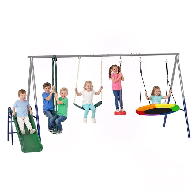Qaba 5-in-1 Kids Swing Set for Backyard with Slide, 770lbs Capacity, Multi
