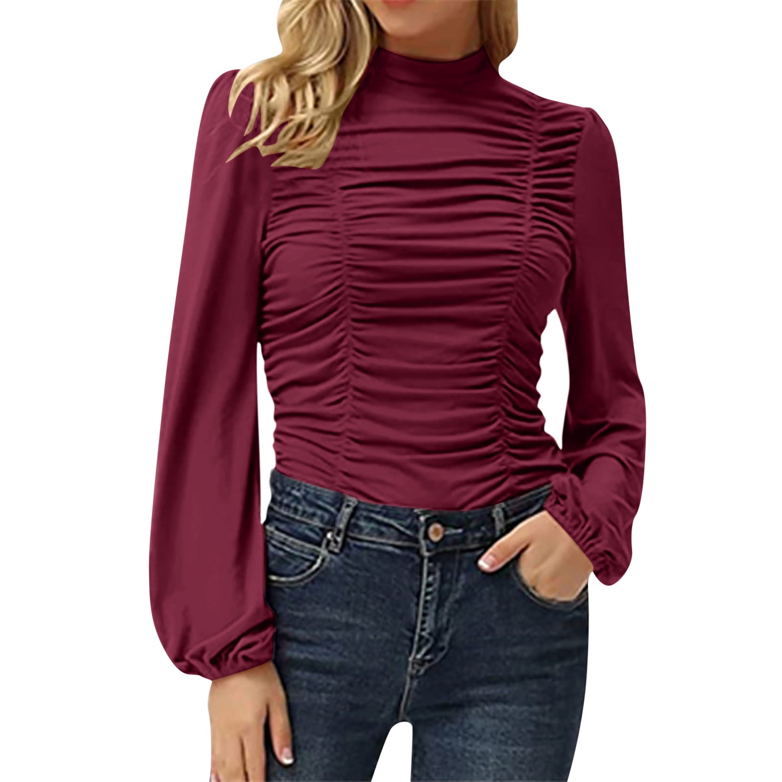 iOPQO t shirts for women Womens Elegant Turtleneck Ruched Ruffle Trim ...