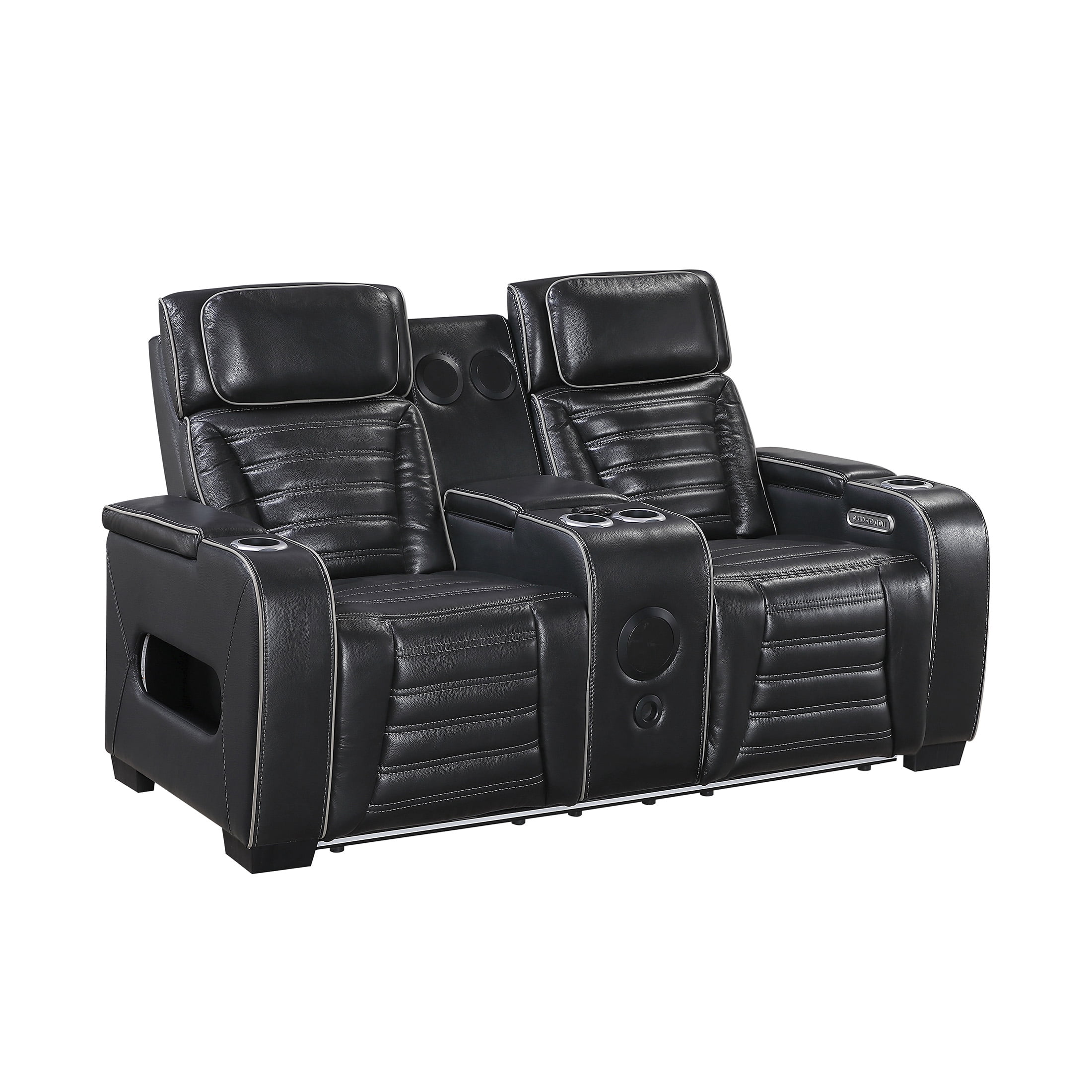 OakvillePark Elantra Leather Match Power Double Reclining Love Seat with Center Console/Power Headrests/Storage Arms/Cup Holders/Wireless speakers/Air Massage/Heat/LED Lighting/Charging Ports, Black