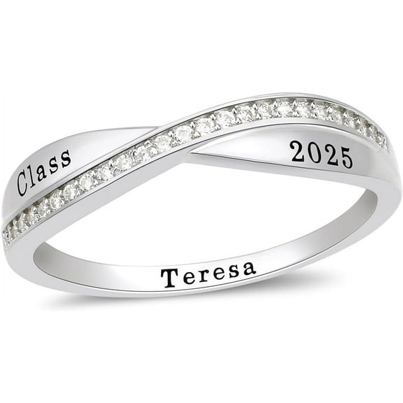 Ccjcinata Fully Personalized Customized class rings Sterling Silver Women's High School Class Rings and College Class Ring – Classic Collection (Sterling Silver - Platinium)