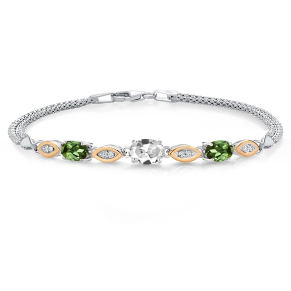 925 Silver and 10K Yellow Gold White Created Sapphire and Green Tourmaline and White Lab Grown Diamond Bracelet for Women (2.06 Cttw, Gemstone September Birthstone, Oval, Wheat Chain, 7.5 inches)