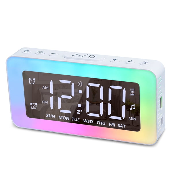 Reloj despertador digital con 1 despertador, reloj de espejo digital LED con 8 modos de luz, repetición, ayuda para dormir, temporizador, reloj despertador electrónico con función continua
