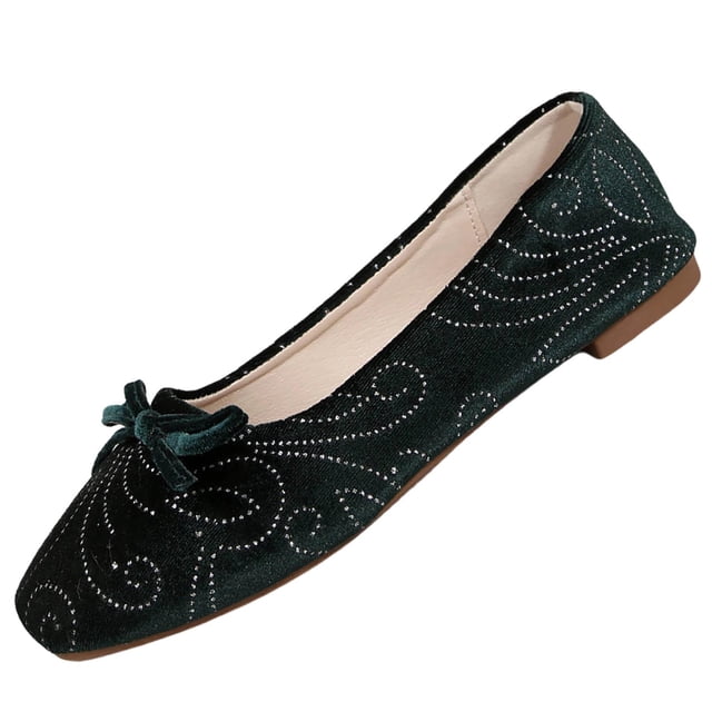 Verde Pisos Zapatos Mujeres de Moda Casual Tacón Bajo Hermoso Bowknot Zapatos Vintage Terciopelo Lujoso Material Detalles Elegantes Delicado Arco