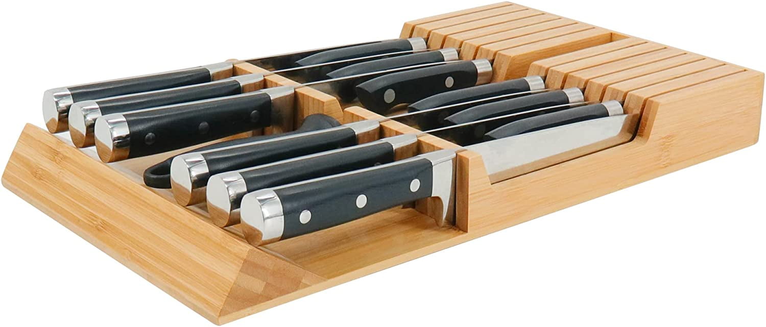Tukinala Bamboo Knife Block Holds Organizer in-Drawer Knife Insert Holder,  Large Handle Steak Knife Holder Without Knives Storage Holds 16 Knives and  1 Sharpening Steel 