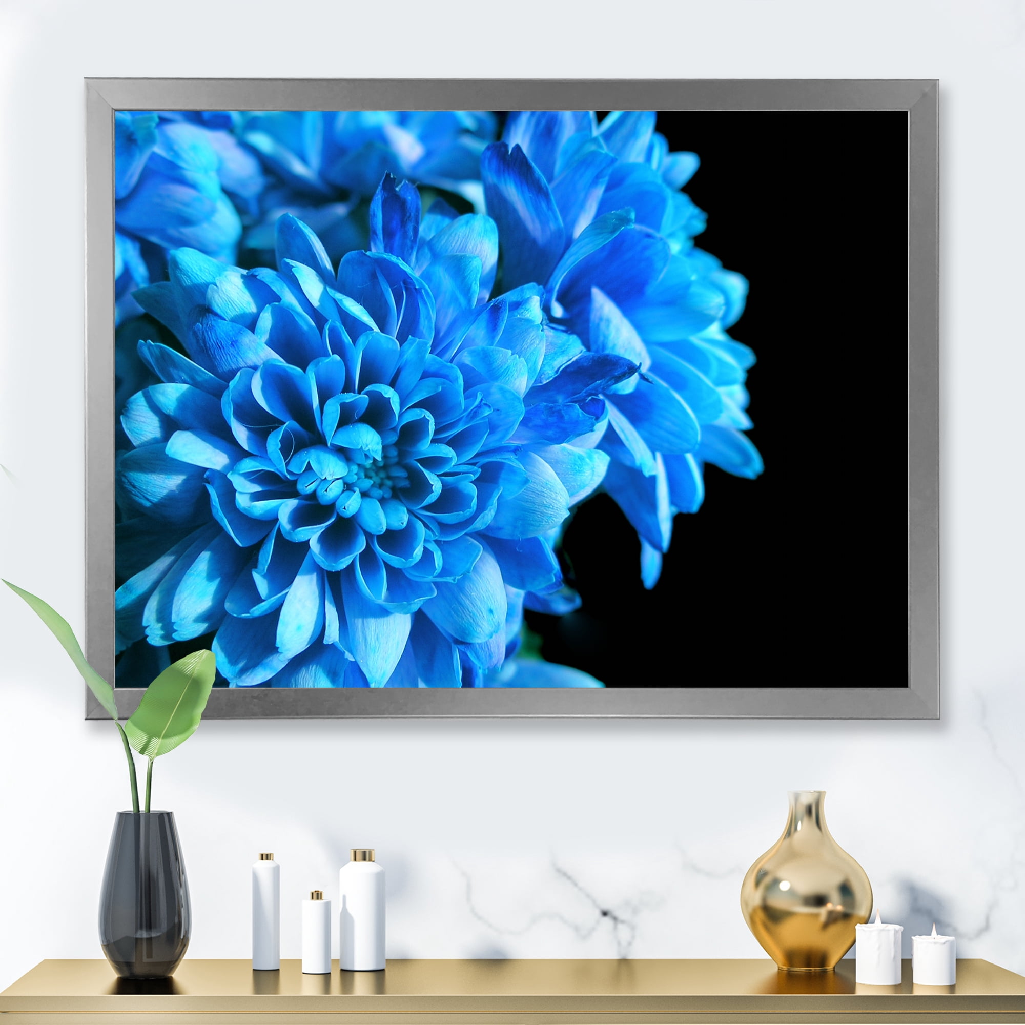 Designart 'Detail of Blue Flowers On Black Background I' Traditional Framed Art Print