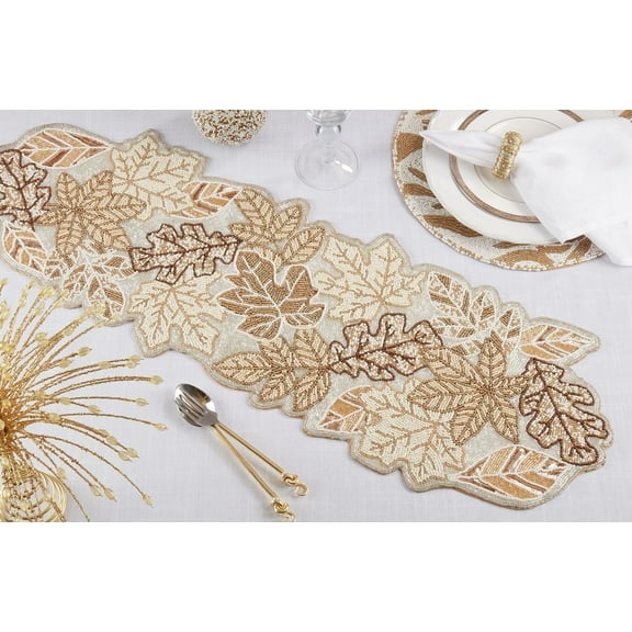 Fennco Styles Hand Beaded Fall Leaves Table Runner 12" W x 36" L - Gold Elegant Autumn Table Cover for Home Décor, Holidays, Family Gatherings, Banquets and Special Occasion