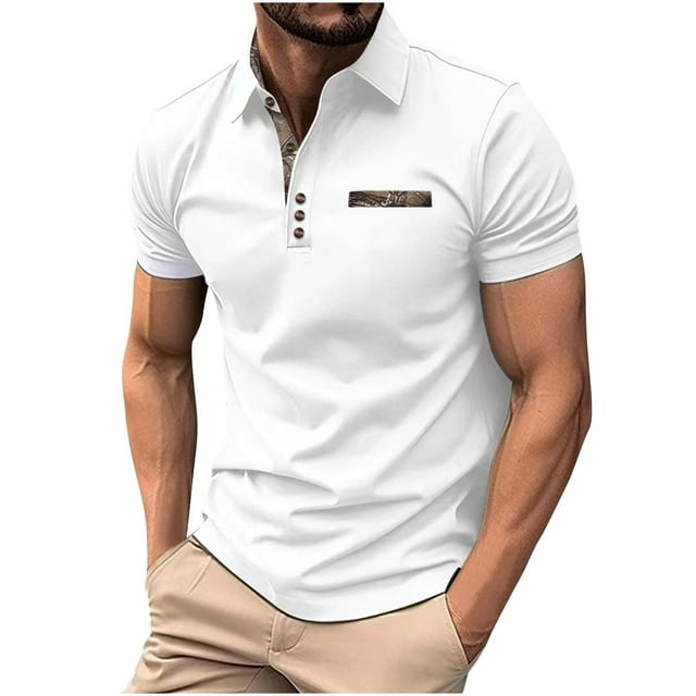 Playera Elvqul de Hombre Blanco Playa con Estampado de Rayas Manga Corta con Solapa Polo