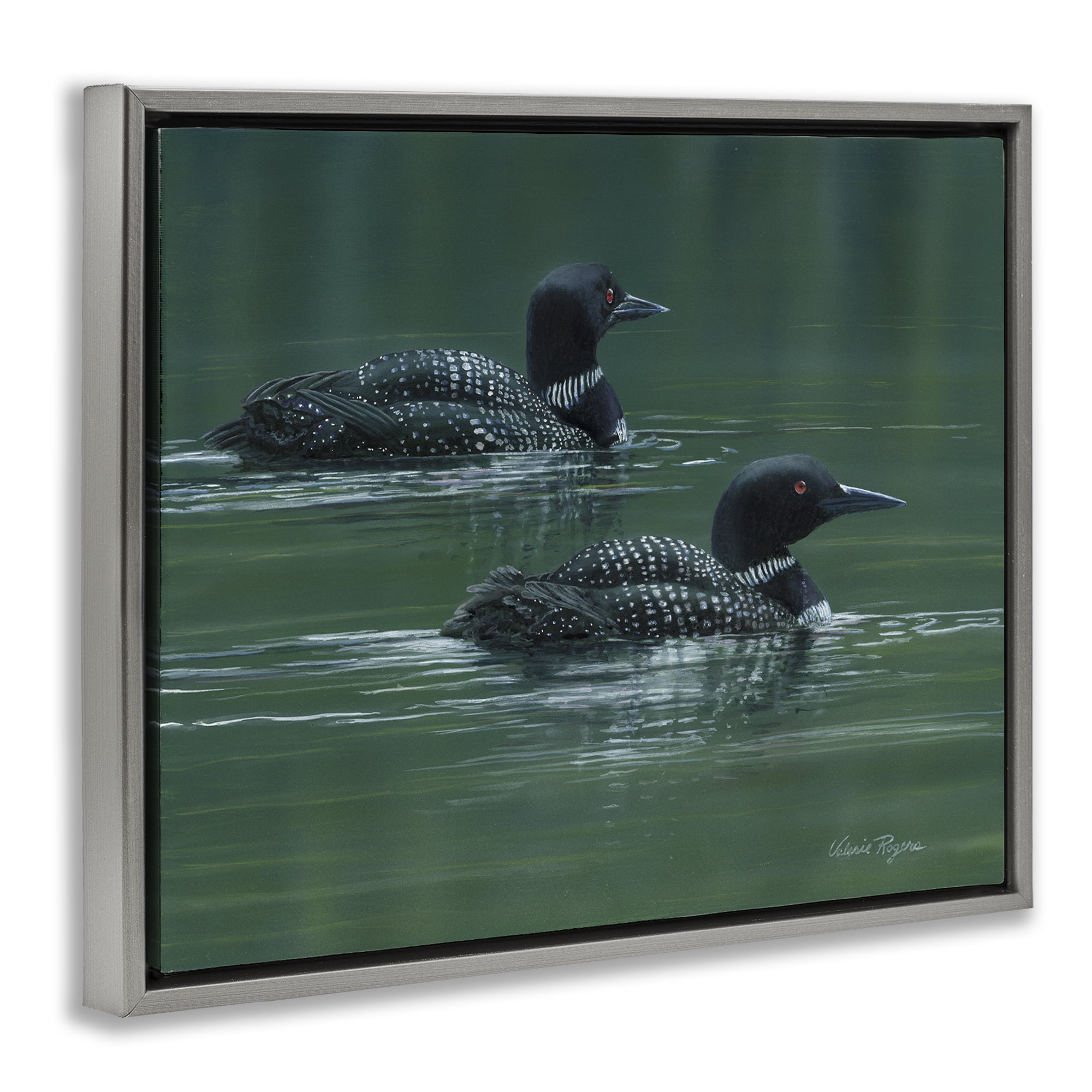 Stupell Industries Peaceful Loon Duo Animals Painting Gray Floater Framed Canvas Art Print Wall Art, 21 x 17