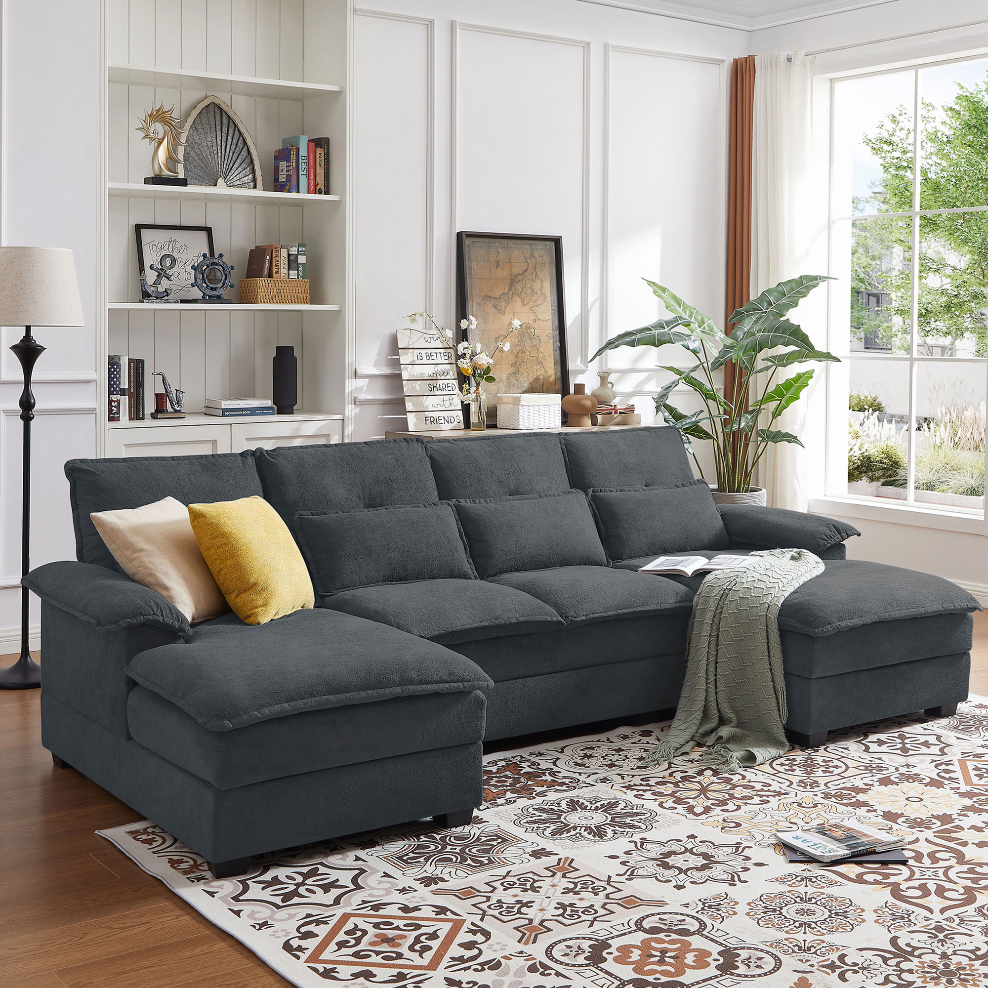 Soscana U Shaped Cloud Couch Sectional Sofa 4 Seat with Double Chaise, Modern Linen Sofa with Waist Pillows for Living Room Apartment Office Studio,Dark Gray