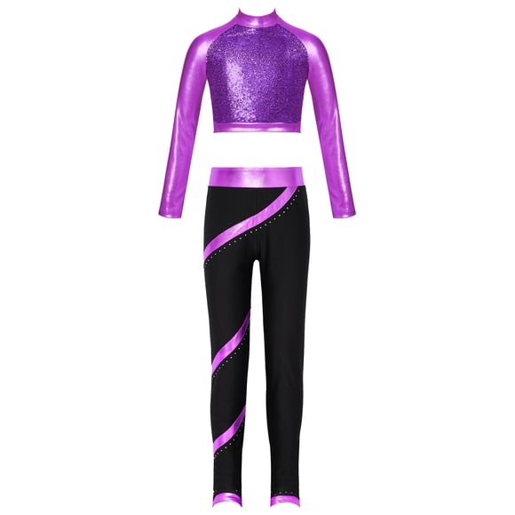 Miaeowve Kids Girls Sequin Dance Crop Top Shirt and Yoga Leggings Set Metallic Sparkle Spandex Active Tracksuit Purple 16