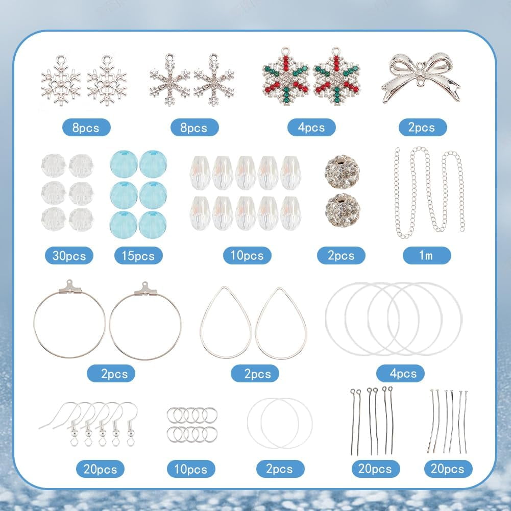 1 Box DIY 10 Pairs Rhinestone Snowflake Charms Christmas Earrings Making Kit Winter Charm Linking Rings Bowknot Connector Charms Faceted Glass Crystal Beads for Jewelry Making Kits Adult
