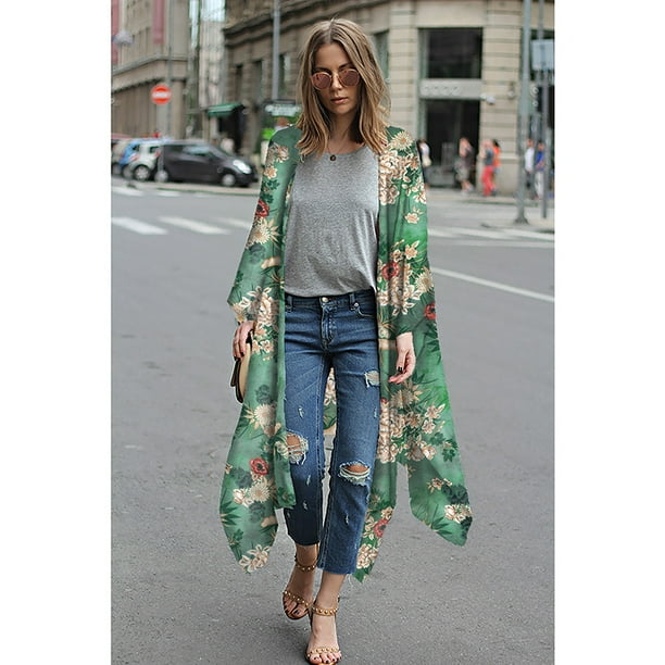 Nuevas mujeres Kimono Cardigan Floral Leopard Impresión Boho asimétrica ropa exterior suelta Bi Abanopi Cárdigan de mujer