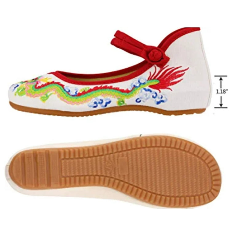 Handmade Embroidered Chinese Dragon Women's Mary Jane Canvas