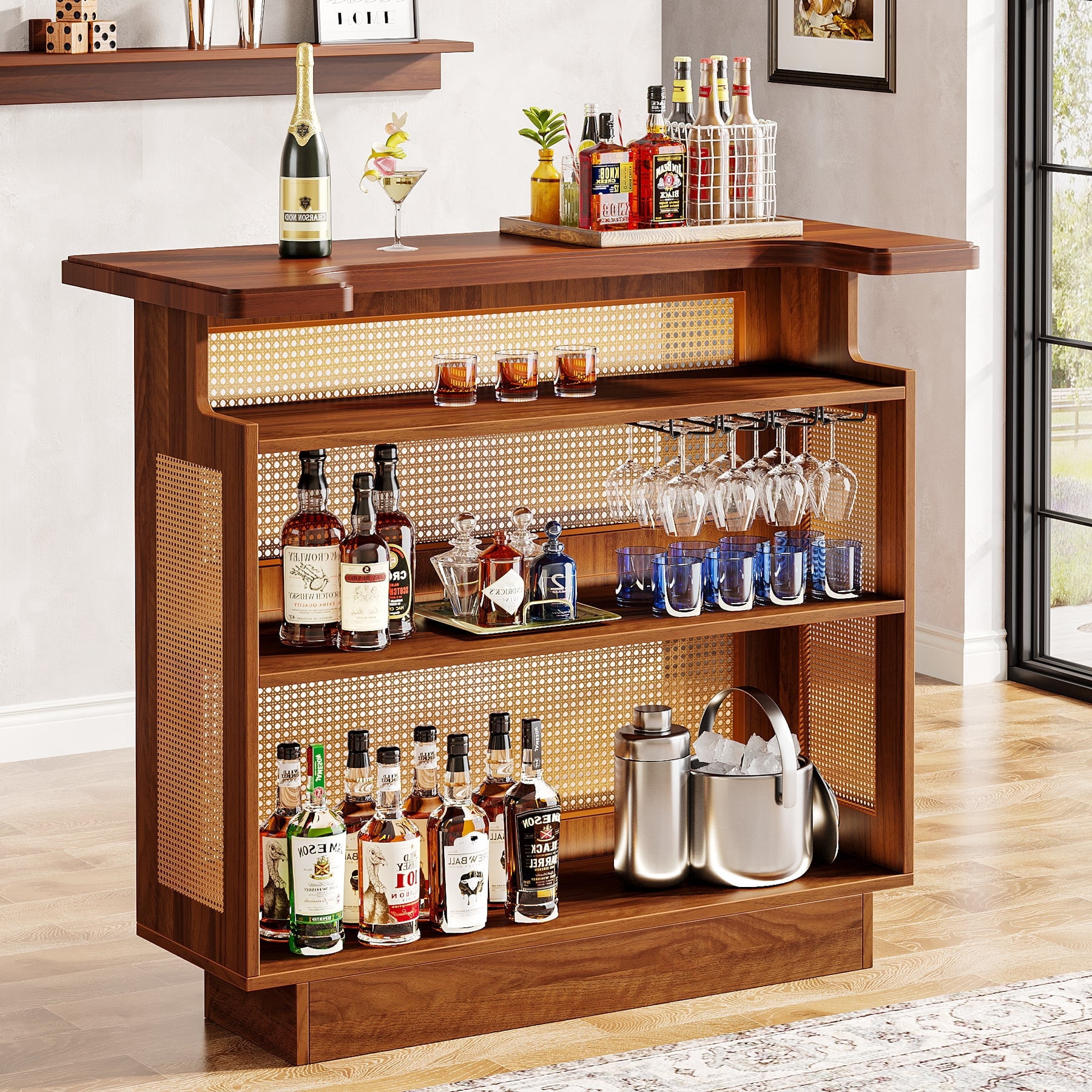 Fnova Rattan Home Bar Unit, Farmhouse 4-Tier Bar Table With 4 Stemware ...