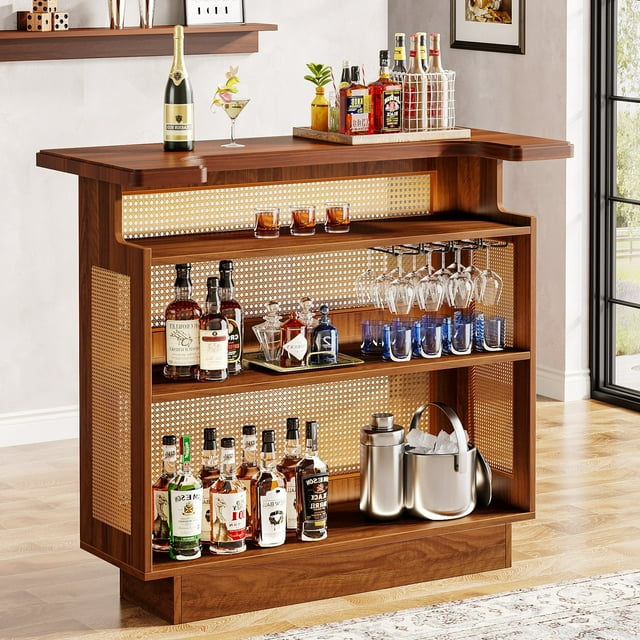 Fnova Rattan Home Bar Unit, Farmhouse 4-Tier Bar Table With 4 Stemware Racks, Heightened Base, Liquor Wine Bar Cabinet Mini Bar Table For Home Pub, Caramel Brown