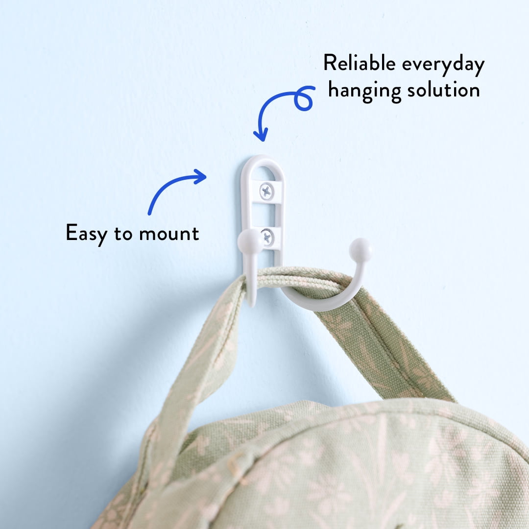 (2 pack) Mainstays, Double Hook White Metal Hooks, for Hanging Towels and Coats, 10 lbs Capacity, 1 Pc