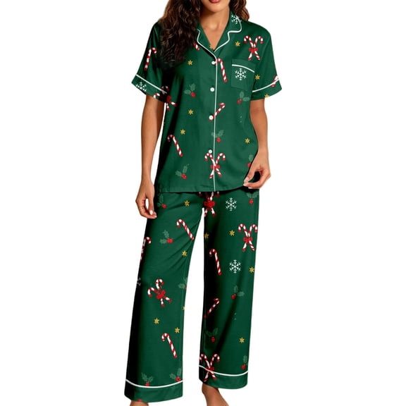 HAYIMI Women Christmas 2 Piece Pajama Set, Short Sleeve Lapel Button-Down Tops And Pants Set, Xmas Print Loungewear Sleepwear For Relaxed Evenings