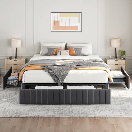 Yaheetech Queen Size Upholstered Storage Bed with 3 Storage Drawers, Dark Gray