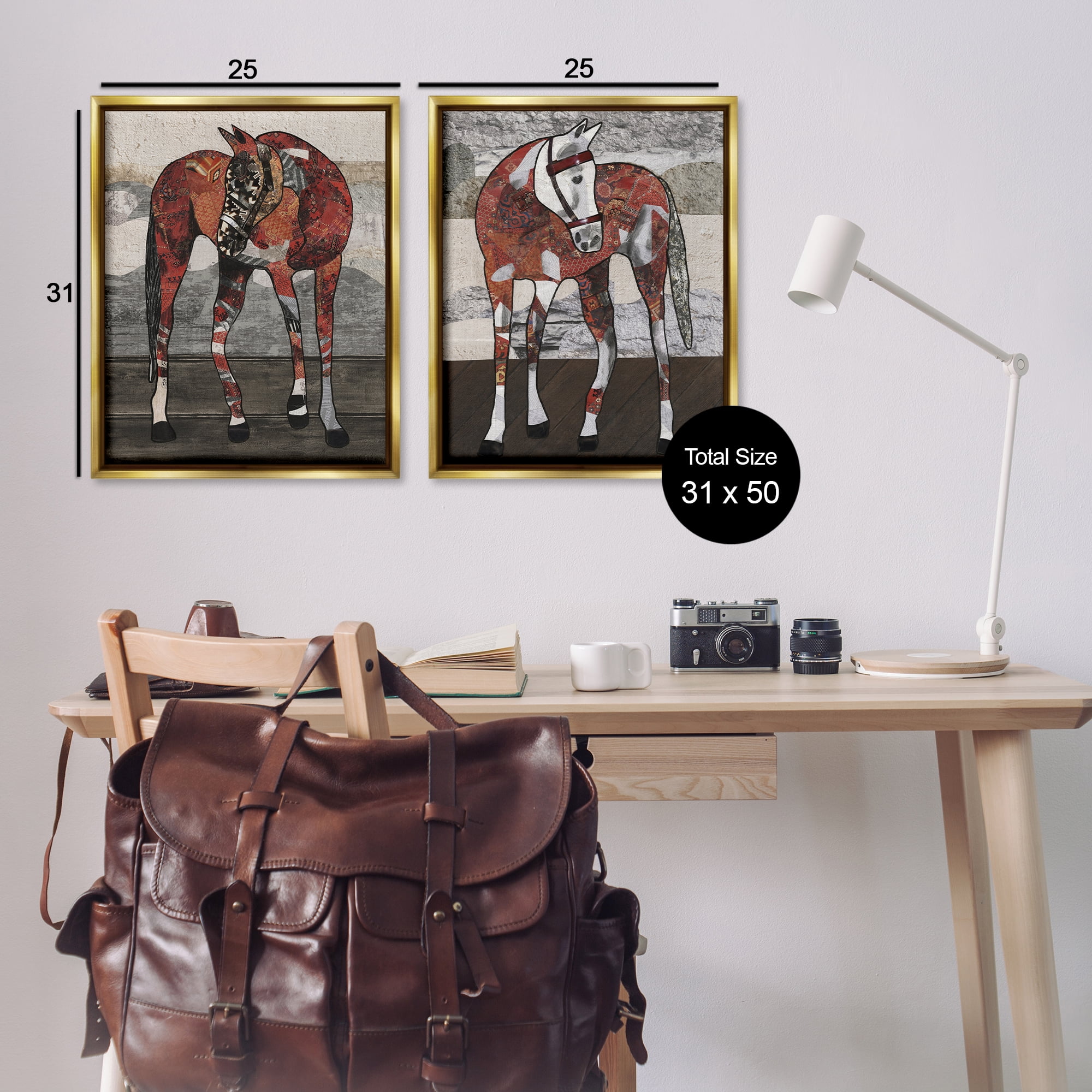 Stupell Industries Abstract Patchwork Horses Animals Painting Gold Floater Framed Canvas Art Print Wall Art, 31 x 25, Set of 2