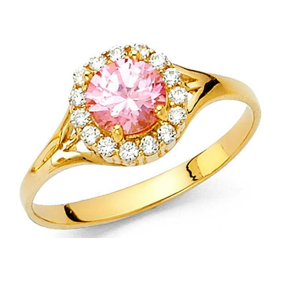 14k Yellow Gold Pink CZ Halo Ring Love Band Round CZ Cocktail Ring Fashion Polished Fancy Size 7