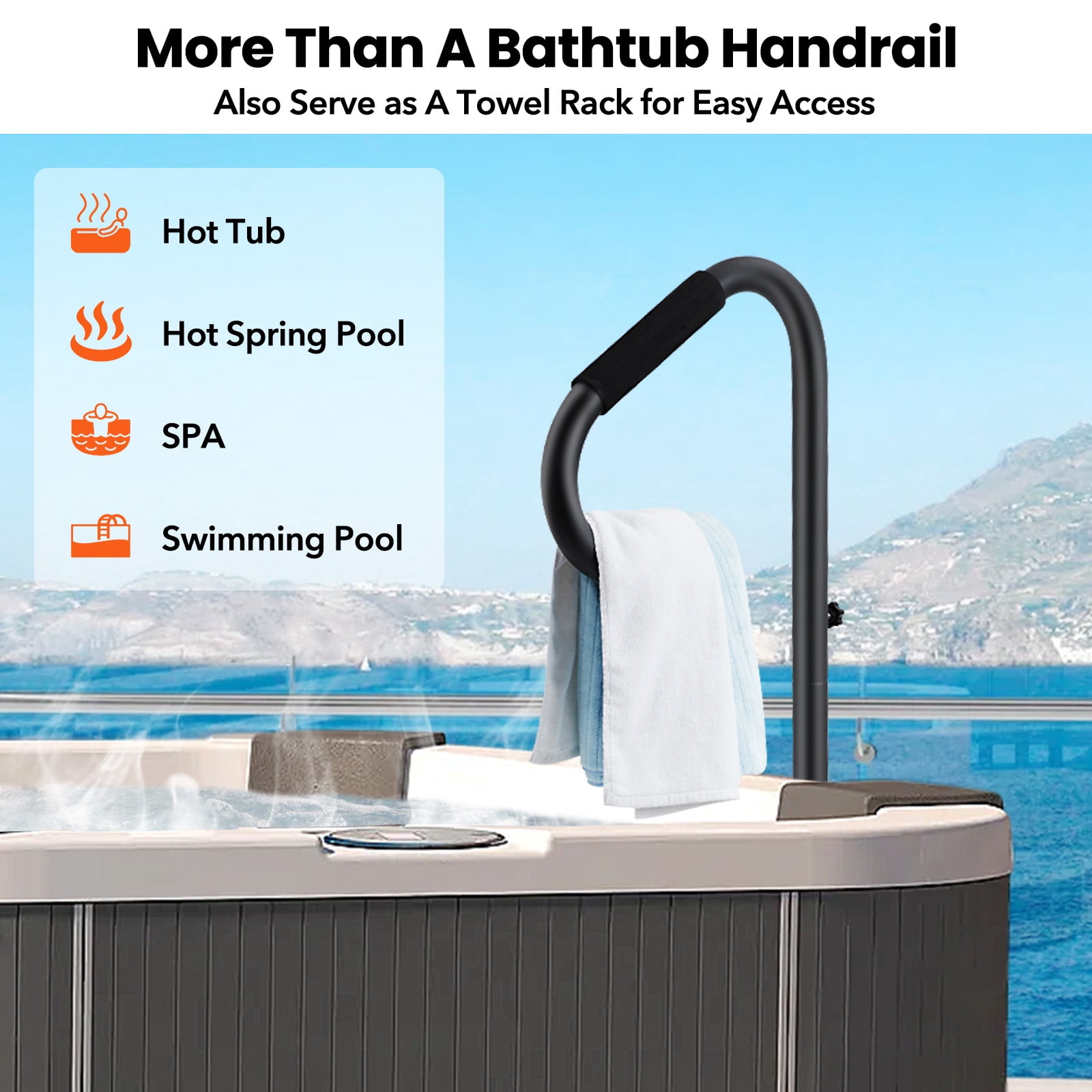57" Hot Tub Handrail, 360° Rotatable Spa Side Handrail with Adjustable Height 35" to 57'', Hot Tub Hand Rail with Slide-Under Base and Non-Slip Grip, 600 LBS Load