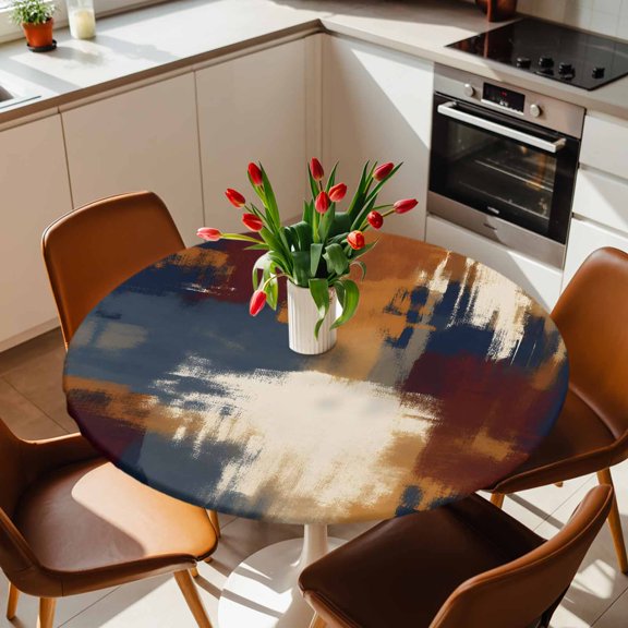 Round Fitted Tablecloth with Elastic Edge, Burnt Orange Navy Color Block Fitted Table Cloth for Round Tables 36-44in, Abstract Geometric Art Waterproof Tablecloth for Outdoor Picnic Party